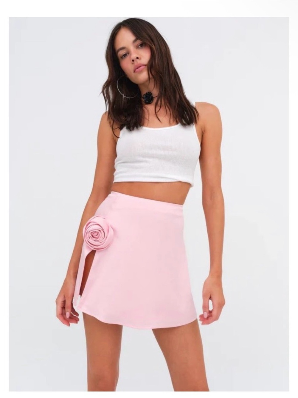 For Love & Lemons Pale Pink Mini Skirt with Rose Applique